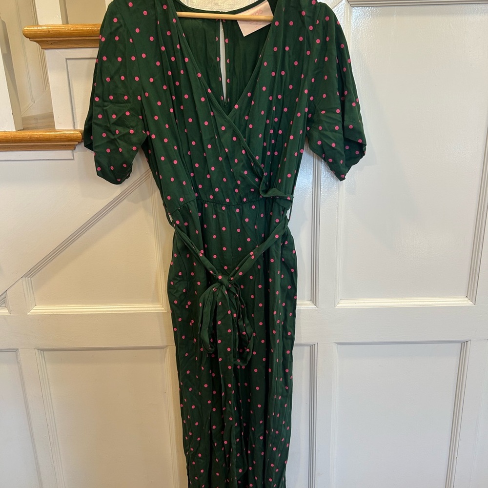 Ban.do Green With Pink Polka Dots Short Sleeve Jumpsuit With Tie Wide Leg M/L